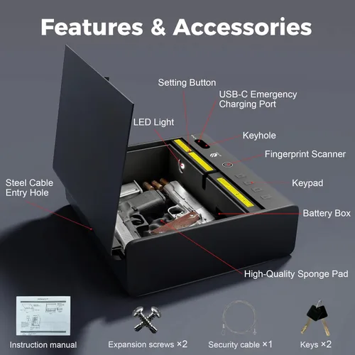 Miniatura 9 de BE-TECH Caja fuerte biométrica para pistola, caja de bloqueo de pistola de acceso rápido de 3 vías, caja de bloqueo de pistola de acero de aleación