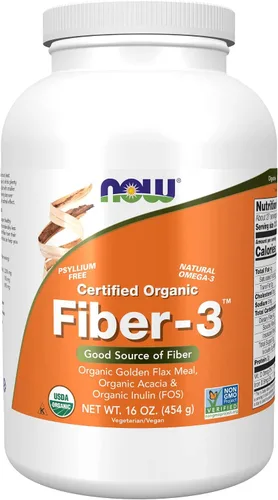 Suplementos NOW Fiber-3, certificado orgánico, proyecto verificado sin OMG, sin psyllium, con harina de lino dorado orgánico, acacia e inulina, 16