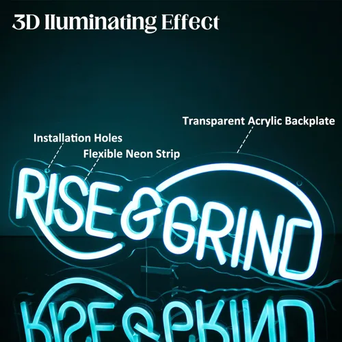 Miniatura 5 de Letrero de neón Rise & Grind Hustle, letreros de neón LED para pared, decoración motivacional, luz de neón de letra azul hielo, arte de pared