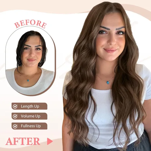 Miniatura 2 de Fliace Extensiones de cabello con pinza para mujer, castaño claro, ondas largas, extensiones de cabello sintético, suaves y naturales, gruesas, 6