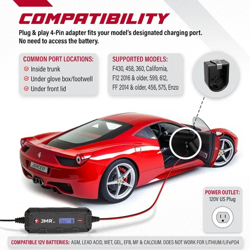 Miniatura 3 de JMR Cargador de Batería para Ferrari 458 California F12 FF 599 612 F430 Cargador de Goteo Acondicionador Mantenedor