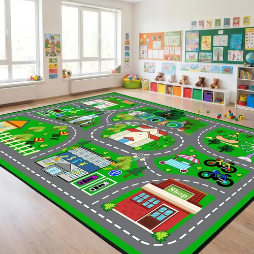 Miniatura 10 de Alfombra de carretera para habitación de niños, alfombra de juego azul para pista de carreras, alfombra de coche para dormitorio, sala