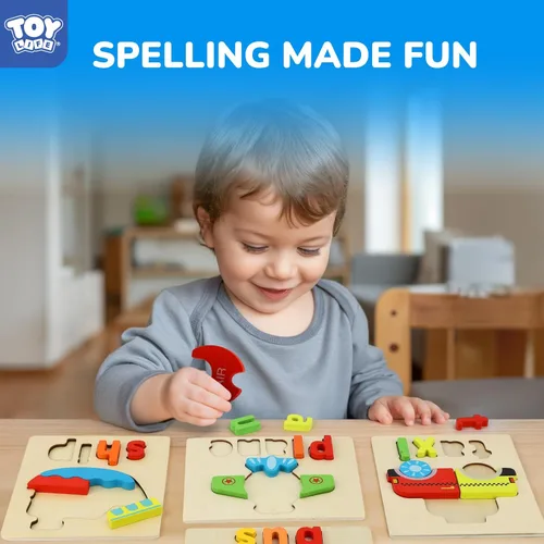 Miniatura 4 de TOY Life Rompecabezas para niños de 2 a 4 años, 4 vehículos con ortografía de madera para niños pequeños de 3 a 5 años, juguetes Montessori, regalos