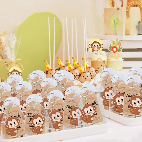 Miniatura 6 de El paquete de 60 recuerdos de fiesta de mono incluye 20 llaveros de mono, 20 etiquetas de agradecimiento, 20 bolsas de regalo para fiesta de safari