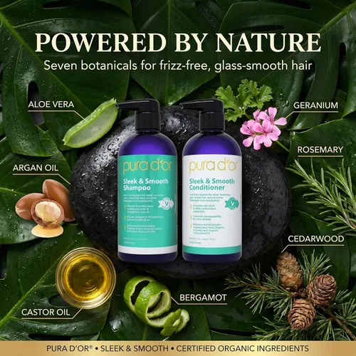 Miniatura 3 de PURA D'OR Elegante y suave juego de champú y acondicionador para cabello liso sin encrespamiento y sedoso, infundido con aloe vera orgánico, aceite