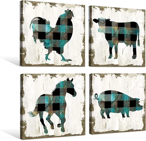 SEVEN WALL ARTS 4 piezas de arte familiar retro de granja de moda, gallo de vaca, caballo y cerdo, impresiones de animales vintage, pintura verde