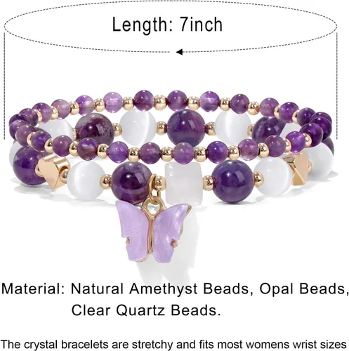 Miniatura 7 de GolbalJew Pulsera de amatista para mujer, pulseras de cuentas de amatista para la ansiedad, dijes de mariposa, piedra curativa en capas, regalos