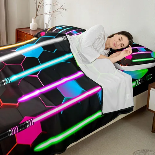 Miniatura 2 de Juego de ropa de cama con sable de luz geométrico, tamaño individual, color azul neón y morado, diseño de panal claro, para niños, niñas y hombres