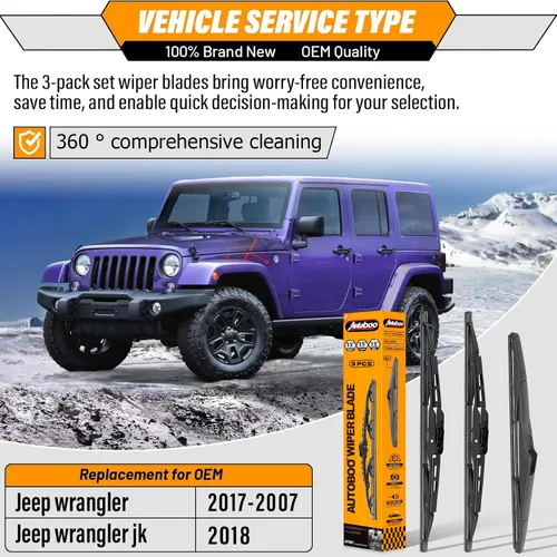 Miniatura 2 de AUTOBOO 15 +15+13 limpiaparabrisas de repuesto para Jeep Wrangler 2007-2017, calidad original de fábrica (paquete de 3)