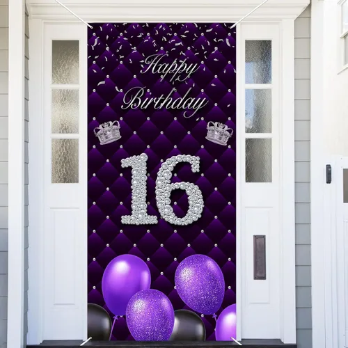 Miniatura 31 de Cartel morado de feliz primer cumpleaños telón de fondo para cabina de fotos, globos de corona plateada, decoración temática para niña, aniversario