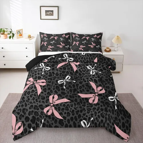 Miniatura 45 de Castle Fairy Juego de edredón con estampado de leopardo rosa y negro, juego de colcha de retazos de piel de cebra, tamaño King, para niños, niñas