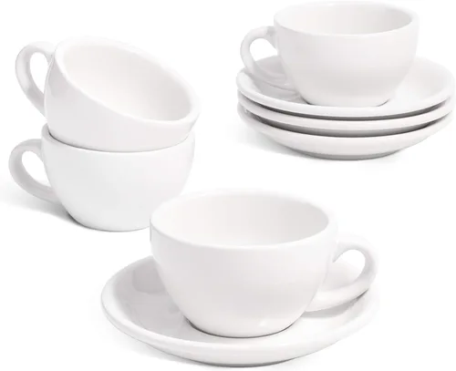LE TAUCI Juego de 4 tazas de capuchino de 6 onzas con platillos, juego de 4 tazas de café de cerámica y platillos para café con leche, Au Lait,
