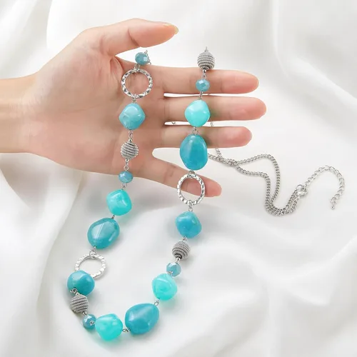 Miniatura 4 de BULINLIN Collar largo de cuentas para mujer, collar de cadena de suéter plateado con cuentas de resina de cristal, joyería de moda para niñas