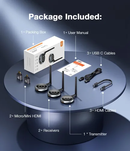 Miniatura 9 de AIMIBO Transmisor HDMI inalámbrico 2026 y 2 receptores, decodificación 4K 1080P@60Hz, 656FT/200M, espejo de aplicación Tutuplay, extensor