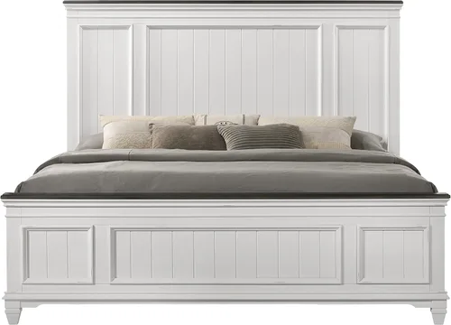 Miniatura 5 de Roundhill Furniture Clelane Shiplap - Cama con paneles de madera, tamaño Queen, color blanco desgastado y nogal