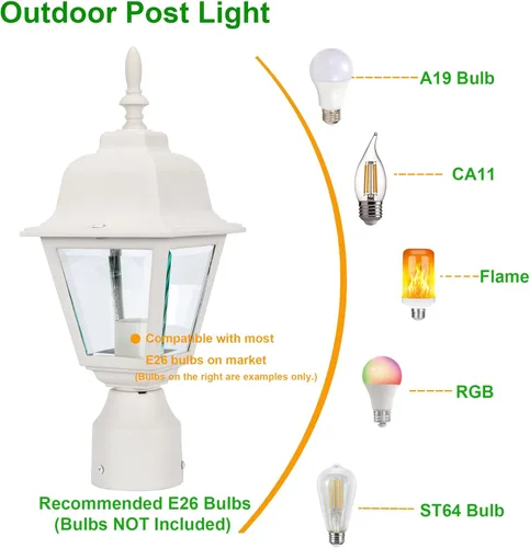 Miniatura 4 de LIT-PaTH Farol de poste de iluminación al aire libre, base mediana E26 máximo de 60 W, carcasa de aluminio más vidrio transparente, bombilla