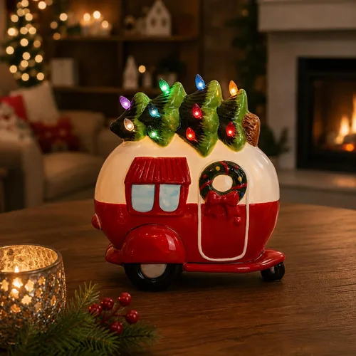 Árbol de Navidad de cerámica y cámper - Decoración vintage iluminada con luces de árbol