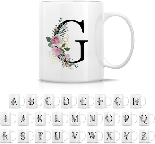 Miniatura 19 de Retreez Ramo botánico floral inicial A-Z con monograma, taza con monograma de cerámica de 11 onzas, regalo de agradecimiento de agradecimiento