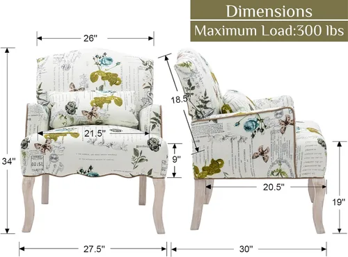 Miniatura 2 de Shunzhi Sillas decorativas florales estilo granja, tapizadas, silla de lectura, moderna de mediados de siglo, sofá individual con almohada