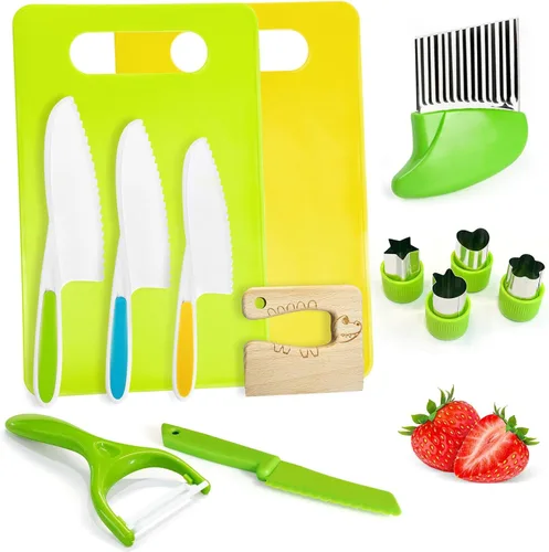 Chanking Juego de cuchillos seguros para niños de 13 piezas para cocina real, herramientas de chef de plástico Montessori, juguetes de cocina para