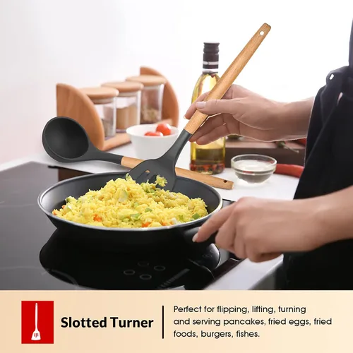 Miniatura 4 de E-far Juego de 6 utensilios de cocina de silicona con mango de madera, utensilios de cocina antiadherentes y resistentes al calor, incluye Gris
