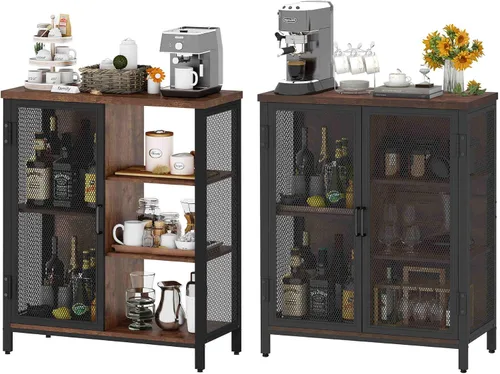 BON AUGURE Armario rústico para barra de café para licor, gabinete de metal de madera de granja con almacenamiento, aparador industrial pequeño para