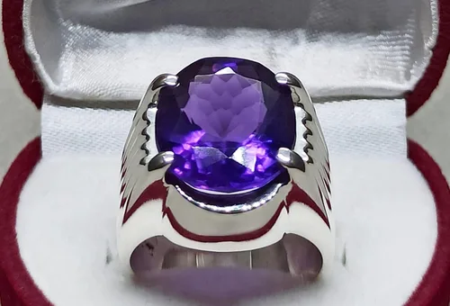 Miniatura 4 de Oval Cut 12 Carat Deep Purple Amethyst Mens Plain Ring Sterling Silver 925 Handmade Amethyst Ring Gift for Him