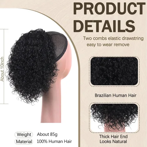 Miniatura 2 de Extensión de cola de caballo de cabello humano de 12 pulgadas con cordón rizado profundo para mujeres negras, extensión rizada 3C, color negro