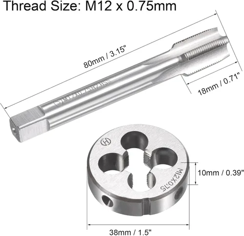 Miniatura 2 de uxcell M12 x 0.030 in Juego de llaves métricas y troqueles, rosca de máquina con troquel de roscado redondo, kit de grifo y troquelado