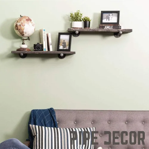 Miniatura 2 de Rustic Pipe Decor Soporte para estante industrial, juego de cuatro accesorios de hierro negro, bridas y tuberías para estantes flotantes