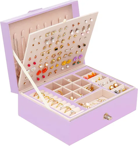Miniatura 28 de Joyero de pendientes para mujeres y niñas, organizador de aretes de 5 capas, caja organizadora de joyas blanca con candado, collares y aretes