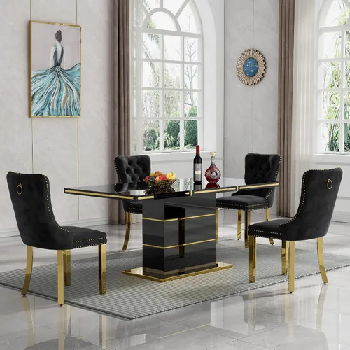 Miniatura 10 de Juego de 5 mesas de comedor negras brillantes para 4, mesa de cocina moderna de madera de alto brillo con 4 sillas de terciopelo beige, mesas