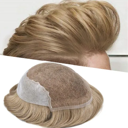 Miniatura 22 de Tupé para hombres 100% europeos unidades de cabello humano francés sistema de cabello de encaje con nudos blanqueados, línea capilar natural para #5