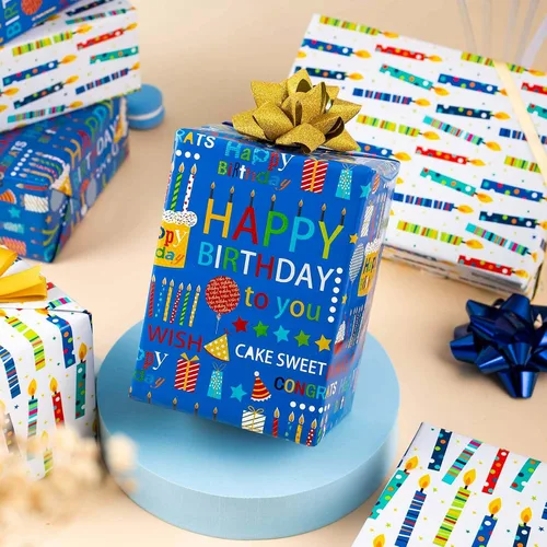Miniatura 2 de Homeral Rollo de papel de regalo azul para cumpleaños - 17 pulgadas x 16.5 pies, con letras reversibles de "Feliz Cumpleaños" y velas coloridas.
