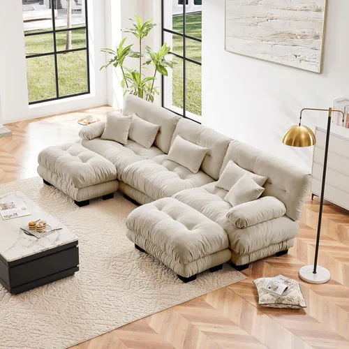 Miniatura 99 de Sofá modular de gran tamaño de 94 pulgadas, sofás seccionales grandes de color beige y blanco para sala de estar, juego de sofá de terciopelo, sofás