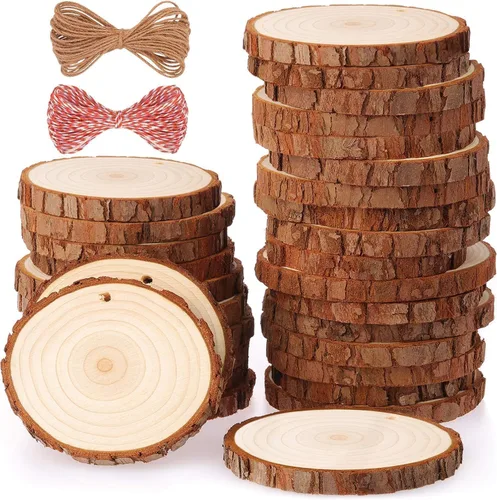 Fuyit Juego de 30 piezas de madera natural de 2.4 a 2.8 pulgadas, kit de madera sin terminar pre-perforado con agujero, círculos de madera,