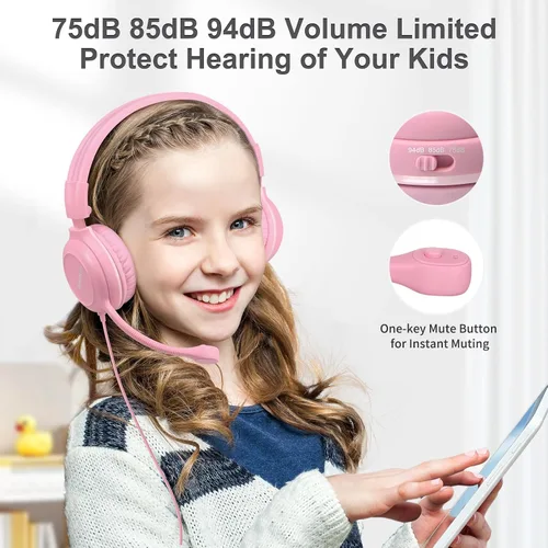 Miniatura 3 de SIMOLIO Audífonos para niños con micrófono para la escuela, auriculares con cable de 75/85/94 dB con micrófono retráctil para iPad, PC, laptop