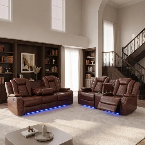 Miniatura 18 de Juego de sofá reclinable eléctrico de cuero de 3 piezas para sala de estar con puertos USB, iluminación ambiental LED y consola de almacenamiento