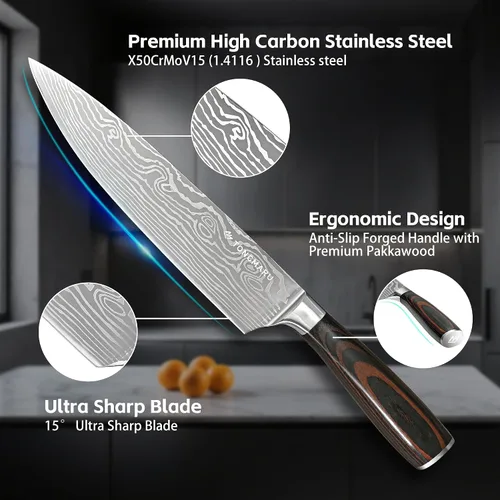 Miniatura 3 de Juego de cuchillos de chef de cocina profesional, Razor Sharp de acero alemán de alto carbono, 3 piezas, mango ergonómico de madera de Pakkawood
