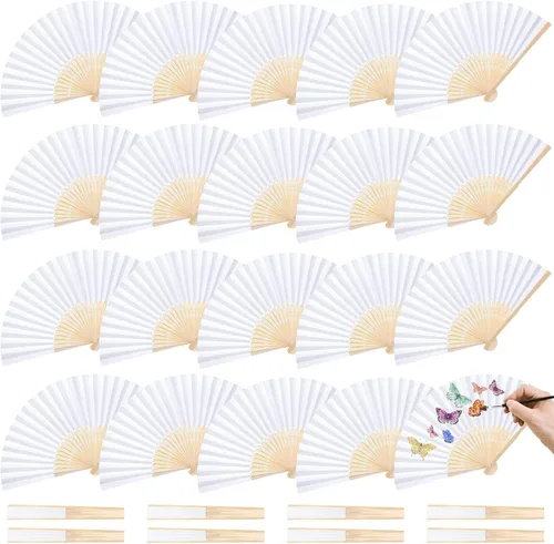 JOHOUSE 28 abanicos de mano plegables de papel blanco de 8.3 pulgadas, ventiladores de mano plegables para mujeres, recuerdos de fiesta de boda,