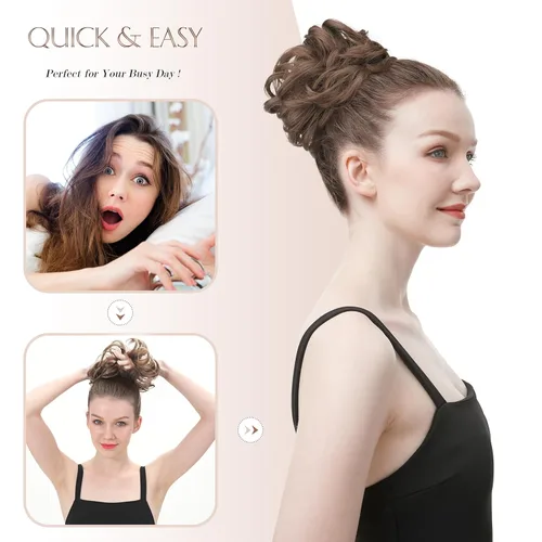 Miniatura 5 de FESHFEN Piezas de pelo de moño desordenado - Extensiones grandes de coleta elásticas onduladas y rizadas, coleteros sintéticos para chignon