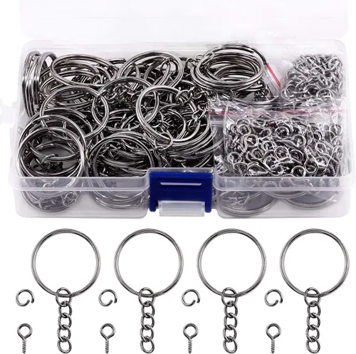 Miniatura 15 de Swpeet Juego de 450 llaveros de 3/5 de pulgada y 0.591 in color negro pistola, incluye 150 llaveros con cadena y 150 anillos de salto con 150 pines