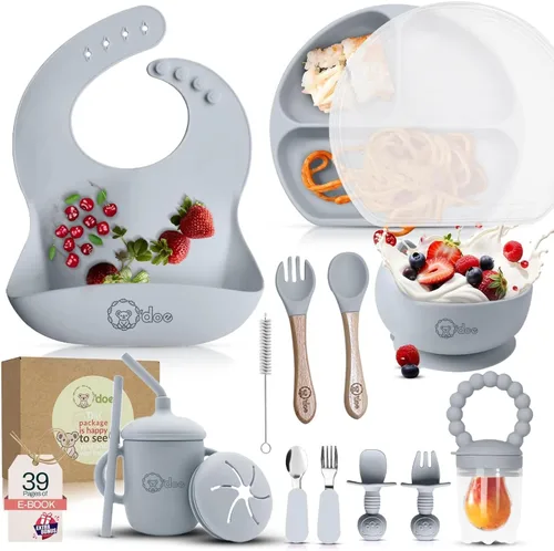 Miniatura 13 de O'doe Juego de alimentación para bebé de 17 piezas sin BPA de silicona Placas de succión gruesas y suaves, tazones para bebé, tenedor y cuchara