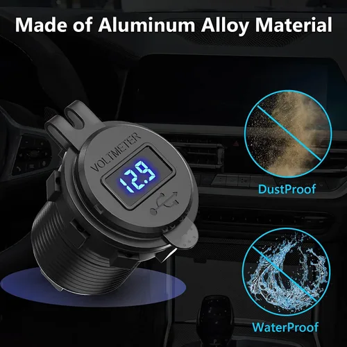 Miniatura 5 de Paquete de 2 salidas USB de 12 V, carga rápida dual 3.0, cargador de aluminio impermeable con voltímetro LED e interruptor de alimentación