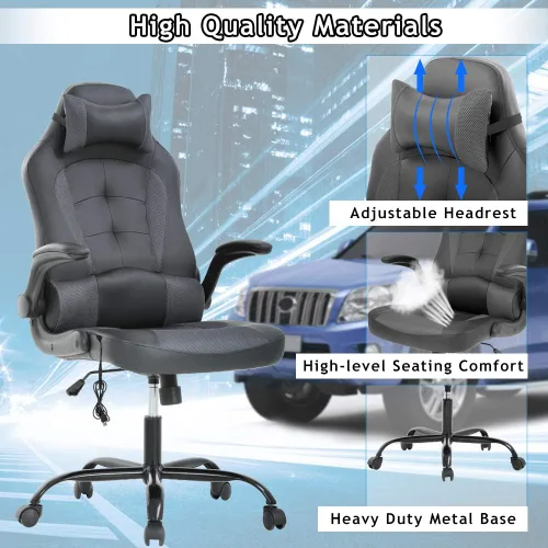 Miniatura 5 de Silla de oficina ergonómica de piel sintética con reposacabezas y reposacabezas para juegos de masaje, silla de oficina de carreras de PC, silla Gris
