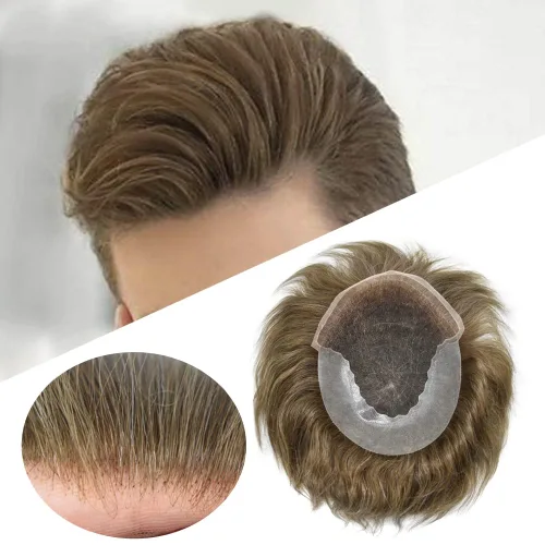 Miniatura 3 de Tupé para hombres 100% europeos unidades de cabello humano francés sistema de cabello de encaje con nudos blanqueados, línea capilar natural para #5