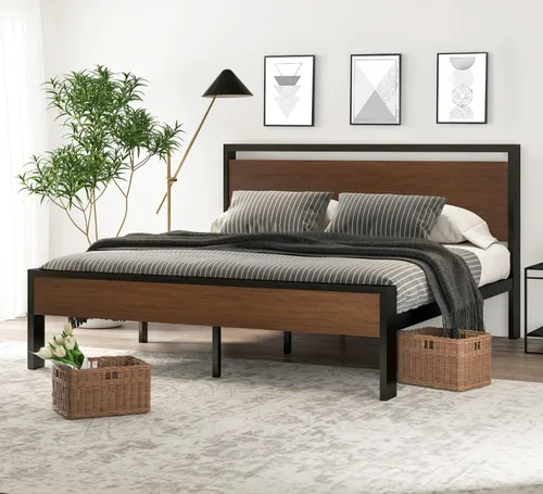 Miniatura 9 de SHA CERLIN Armazón de cama de plataforma metálica de tamaño completo de 14 pulgadas con cabecero y pie de cama de madera, base de colchón, no Roble