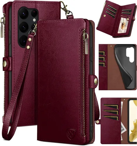 XcaseBar Funda tipo cartera para Samsung Galaxy S23 Ultra con cremallera【Bloqueo RFID】 Soporte para tarjeta de crédito, libro de folio con tapa Rojo