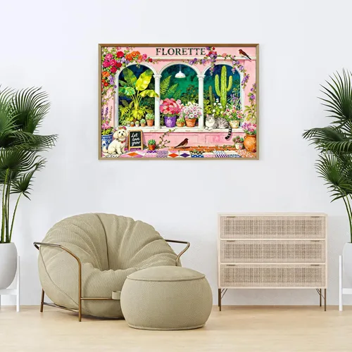 Miniatura 5 de Rompecabezas de 500 piezas para adultos, ventana de jardín floral con lindo cachorro de gato, rompecabezas de papel para decoración de plantas