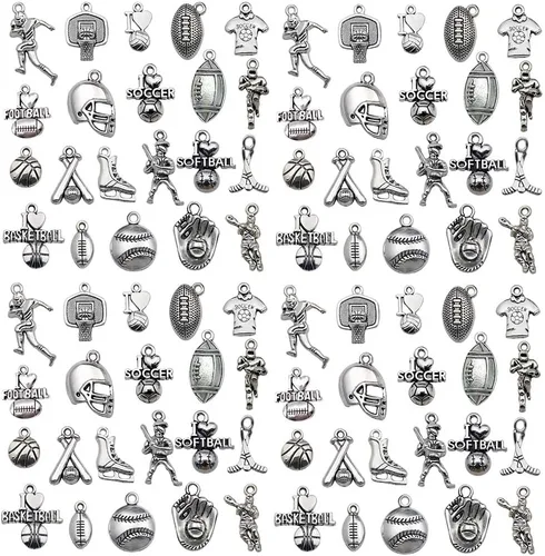 100 piezas de dijes deportivos de plata envejecida para hacer joyas, aleación de fútbol, béisbol, sóftbol, fútbol para manualidades de bricolaje